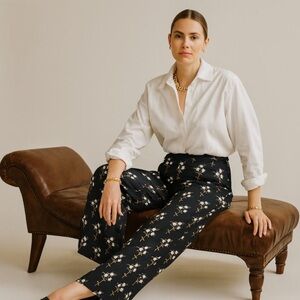 Anthropologie / Satin Daisy Floral Wide Leg Pants Black